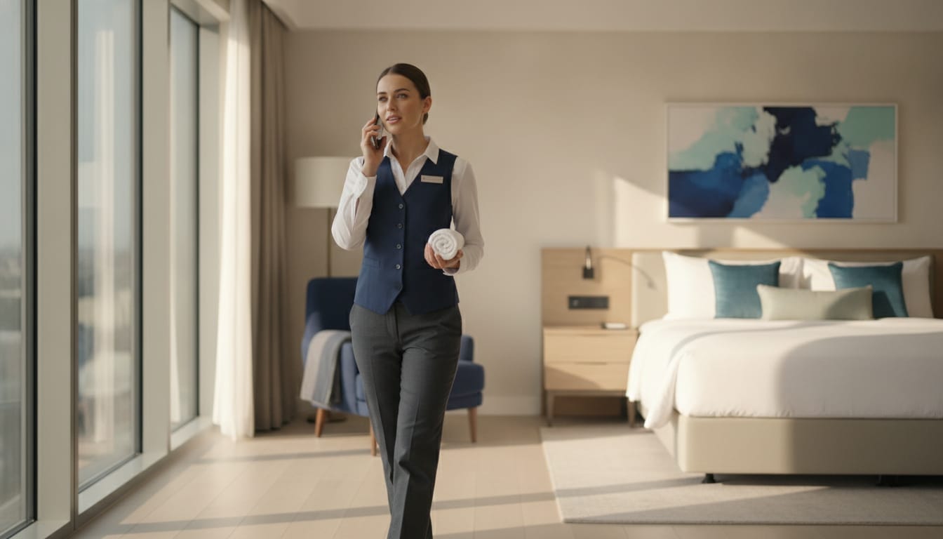 A housekeeper in a bright hotel room speaking a room issue into her phone