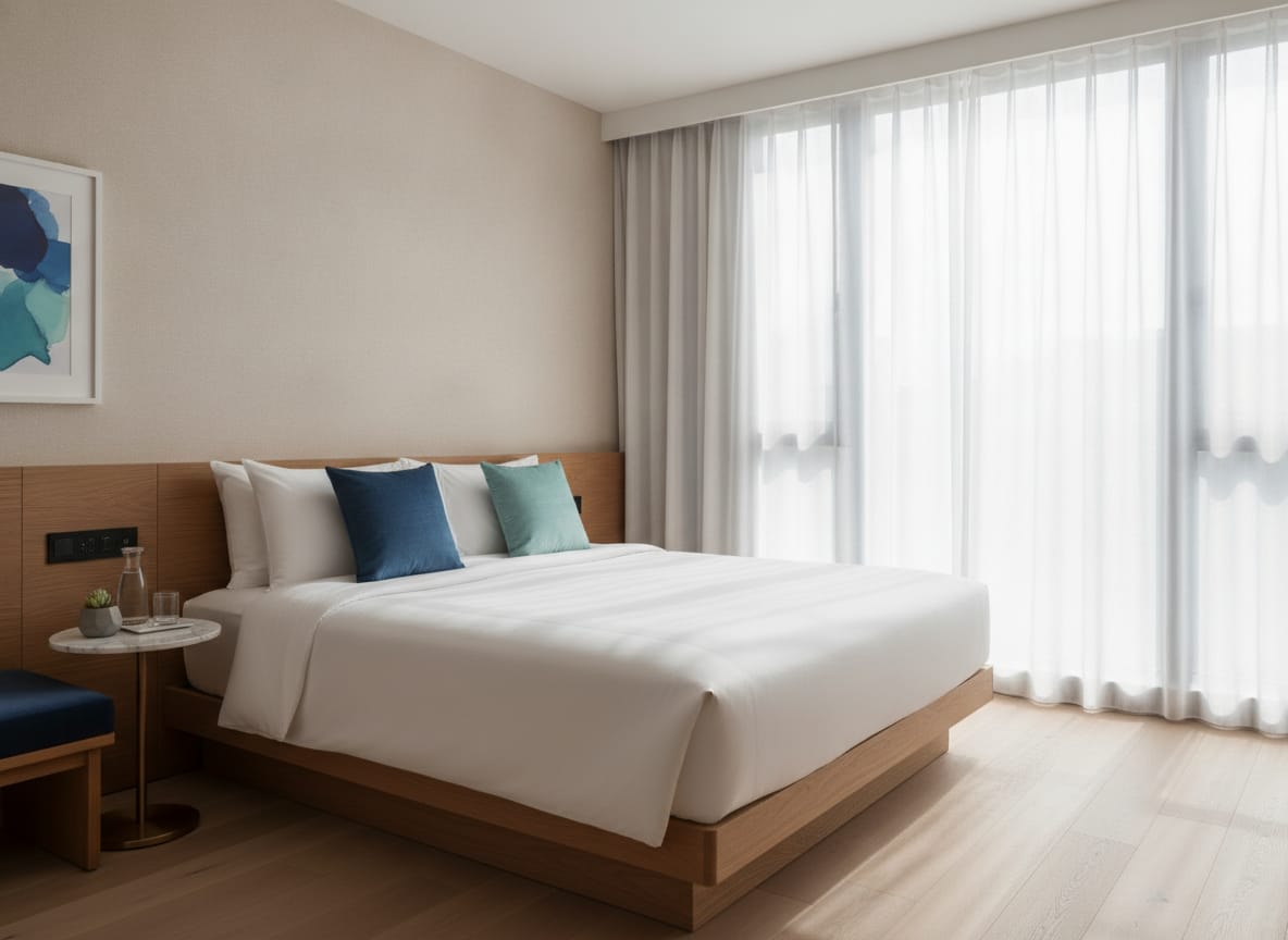 A clean, bright hotel room