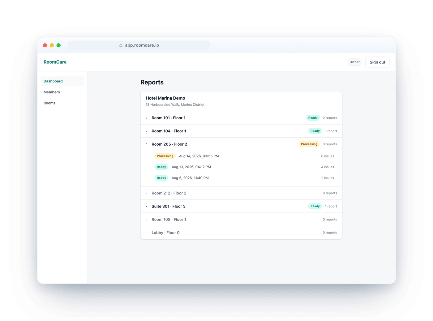RoomCare web reports dashboard