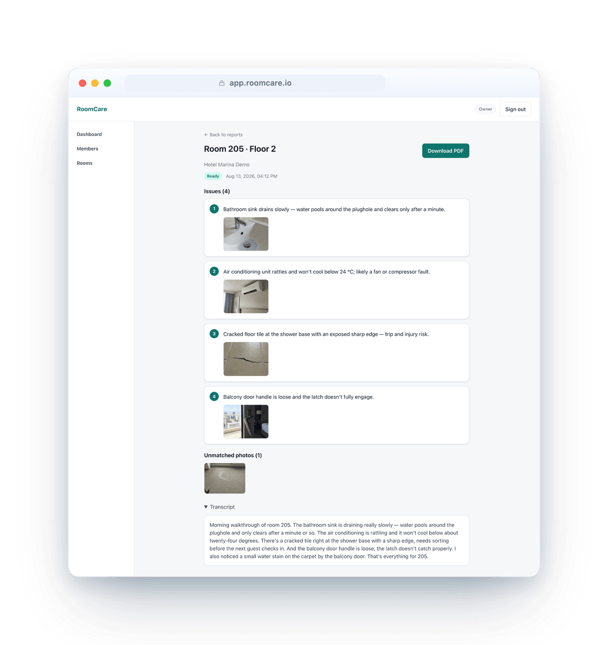 RoomCare web report detail with ordered issues, matched photos and PDF export