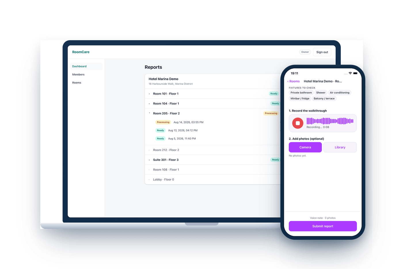 RoomCare report on a laptop dashboard next to the mobile capture app