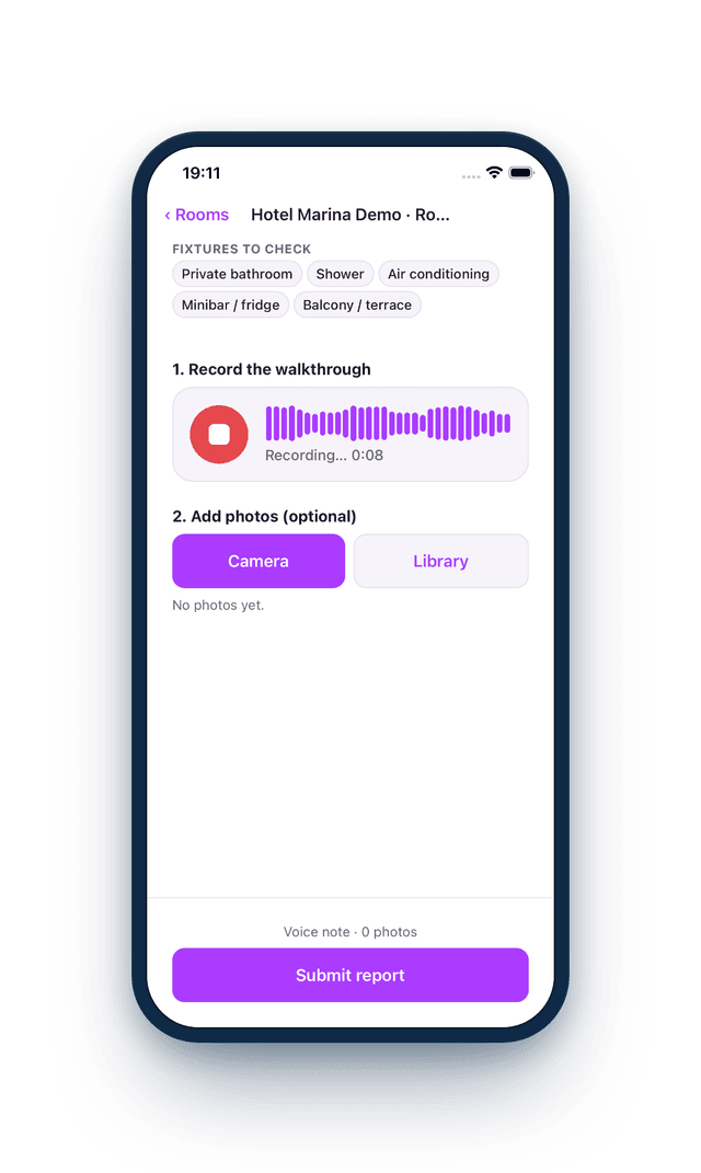 RoomCare mobile capture screen, recording an issue during turnover