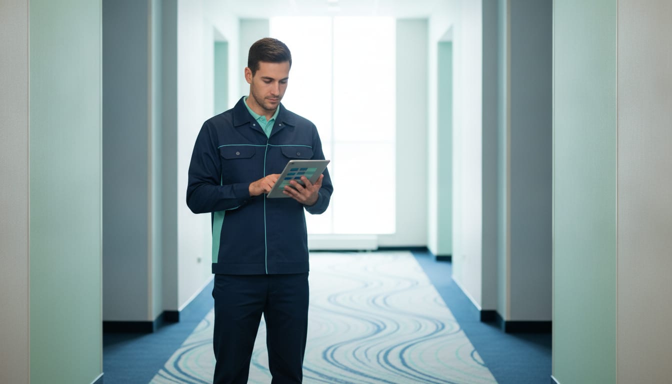 A maintenance technician reviewing a RoomCare report on a tablet